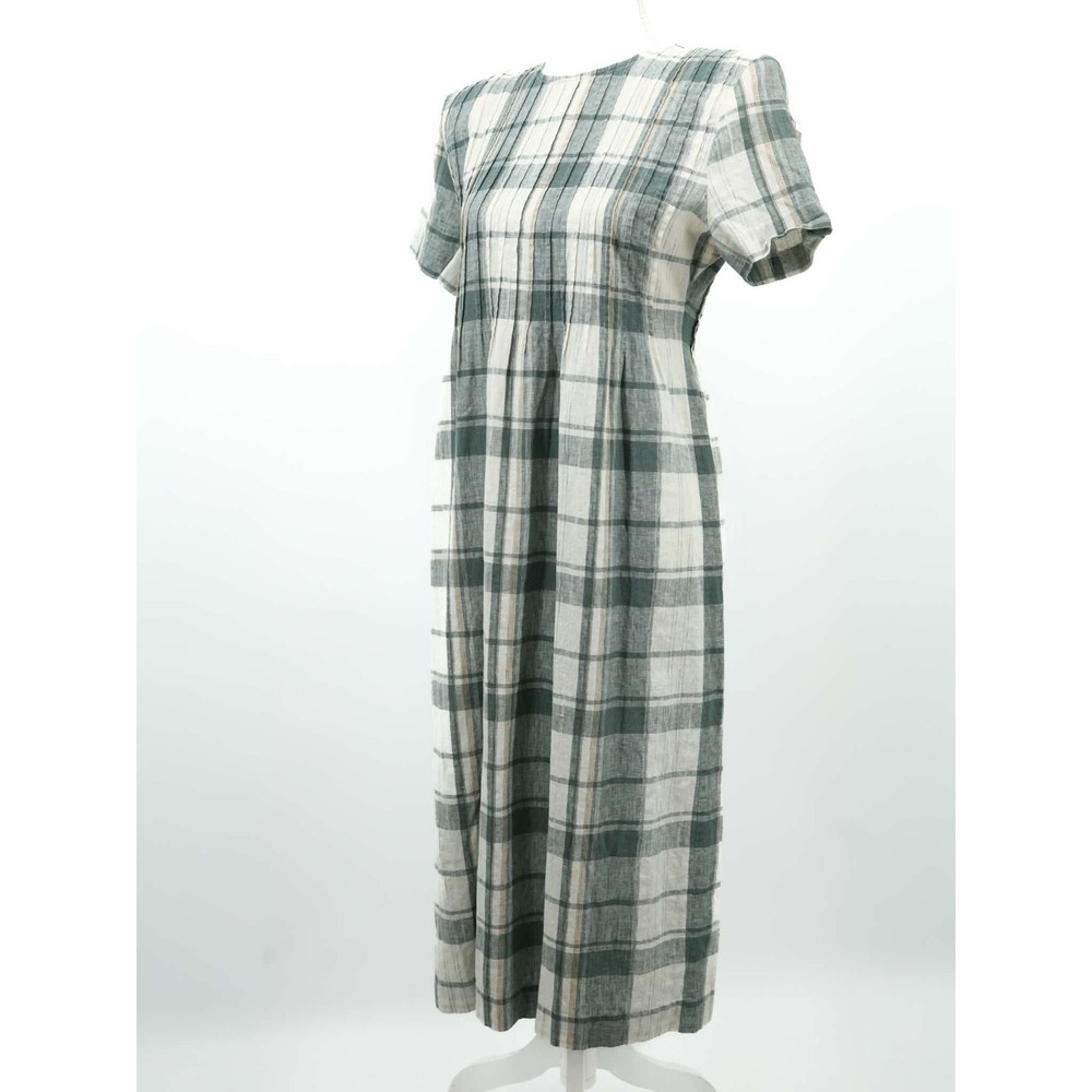 Vintage 90s Positive Attitude Plaid Linen‎ Blend Midi Dress Cottagecore 12P